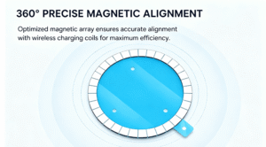 Optimized magnetic array ensures accurate alignment
with wireless charging coils for maximum efficiency