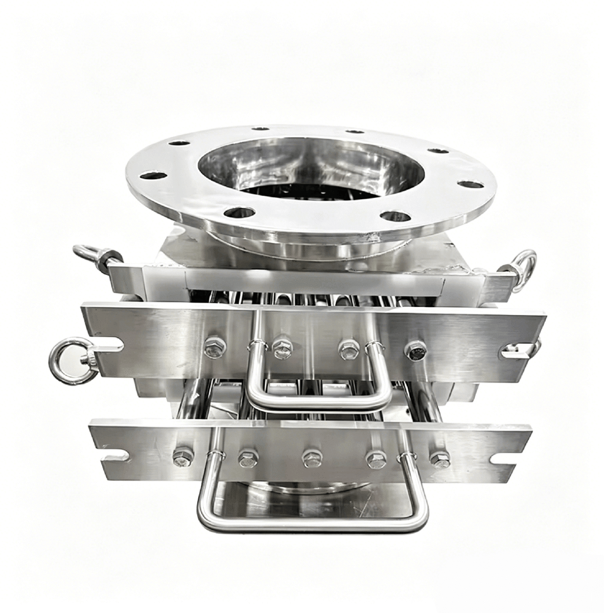 Manual magnetic drawer separator with top circular flange and easy-pull handles for ferrous impurity removal.