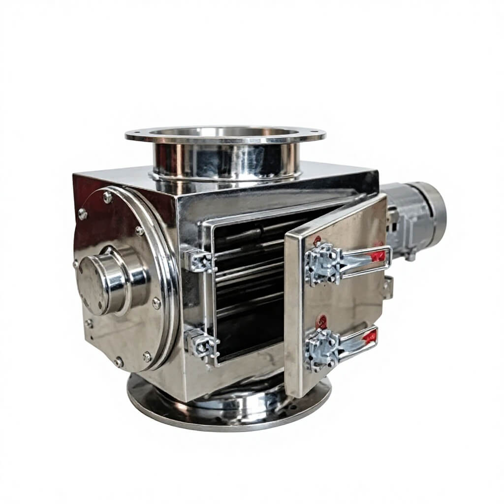 Industrial magnetic grate separator with circular flange and open door for easy ferrous metal cleaning.