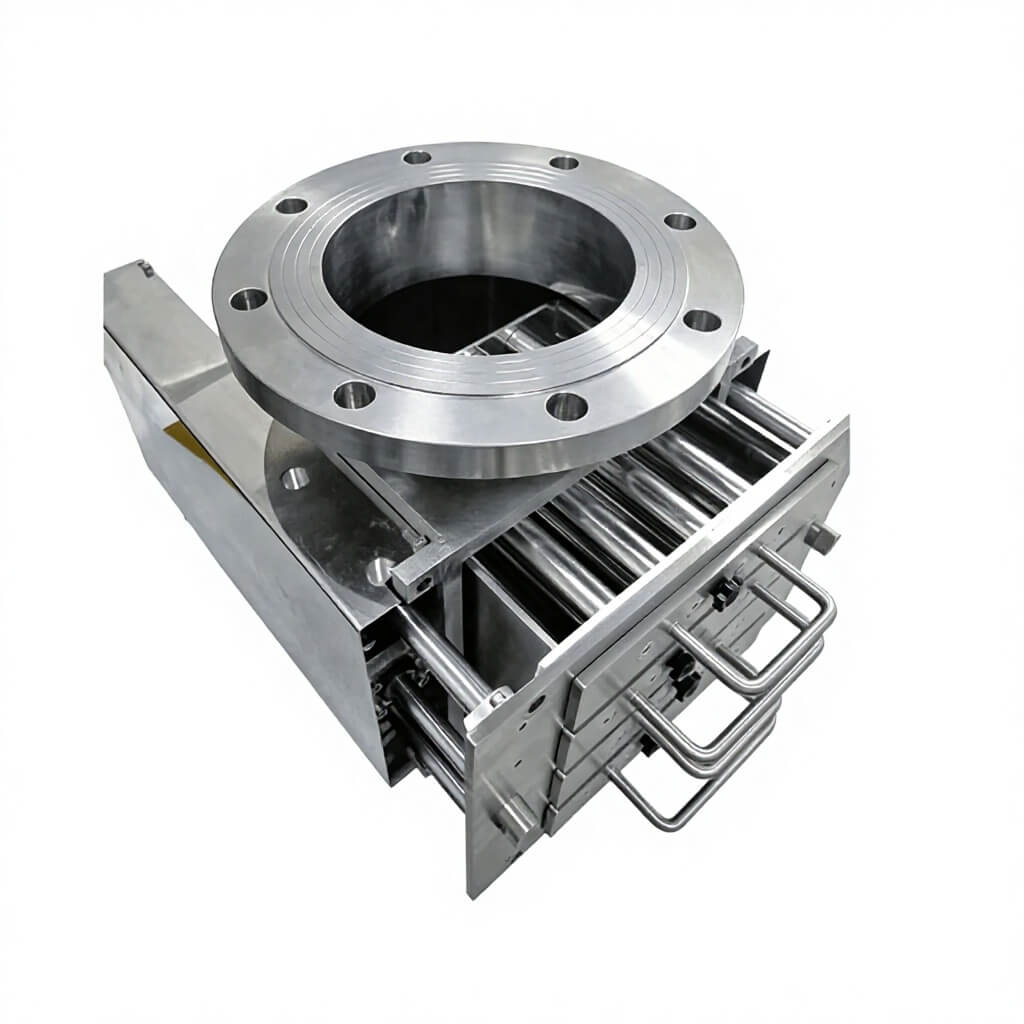 Top view of high-intensity magnetic drawer separator unit with pipeline flange for dry material processing.
