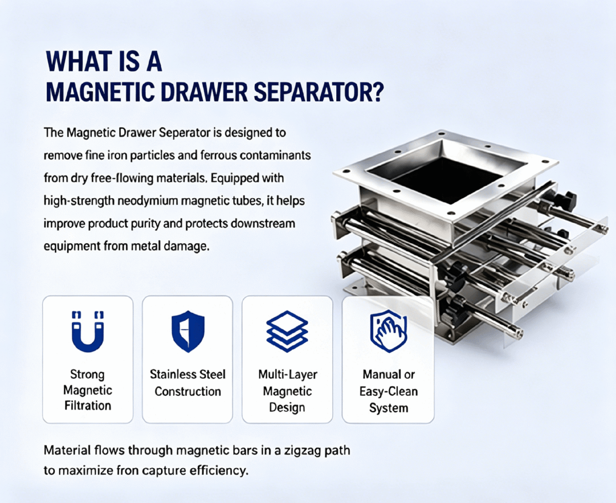 What is a magnetic drawer separator: diagram showing protection of downstream equipment from metal damage.
