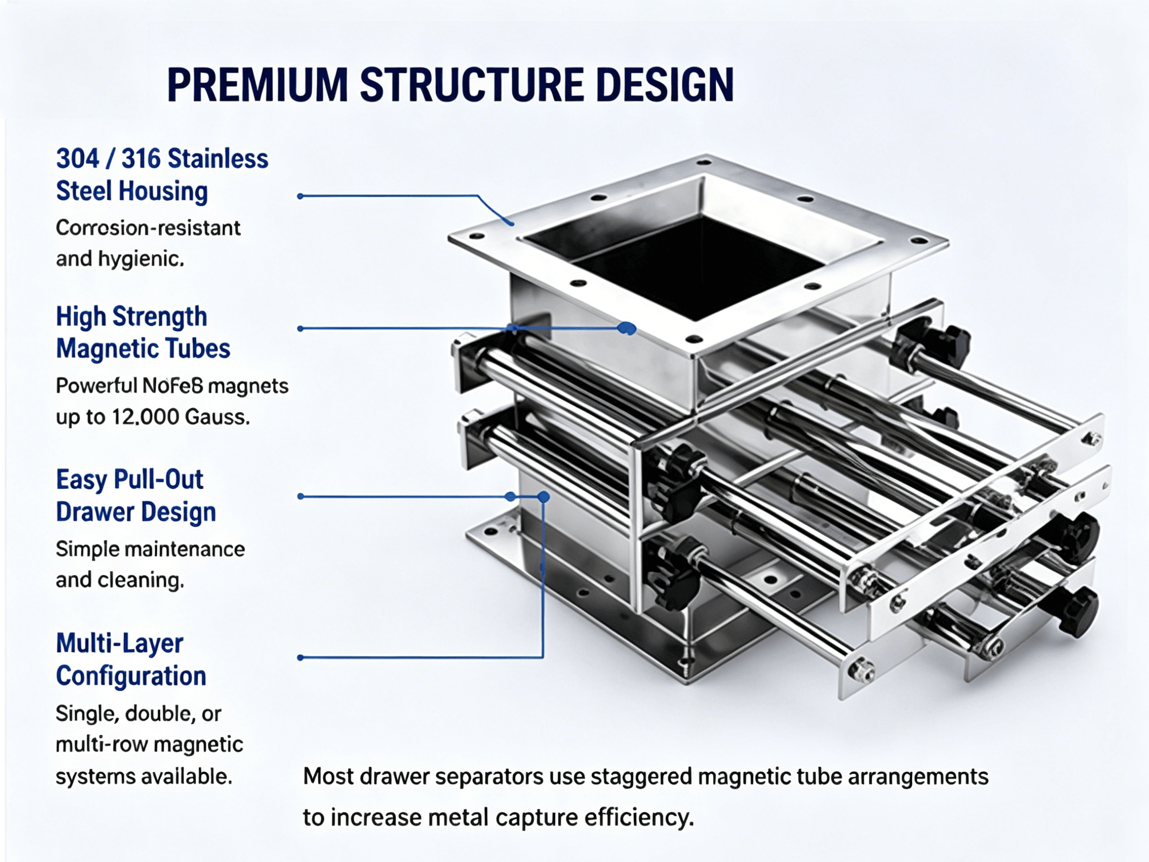 Premium structural design of magnetic drawer separator highlighting SS304 housing and high-strength tubes
