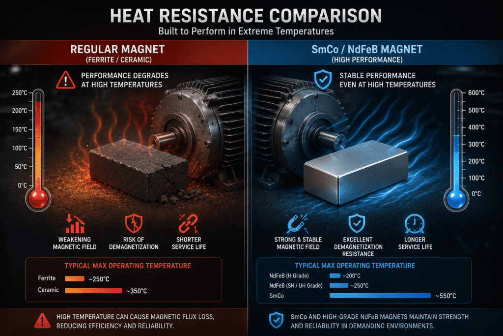 Regular Magnets

Traditional magnets can lose magnetism when exposed to high temperatures.

Rare Earth Magnets

Different rare earth magnets offer different temperature capabilities:

SmCo magnets: Up to 300°C
NdFeB magnets: Typically 80°C–200°C depending on grade

Special coatings and customized grades can further improve temperature stability.