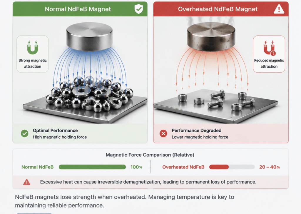 Normal NdFeB magnet
Strong magnetic attraction
Overheated magnet
Reduced magnetic holding force
