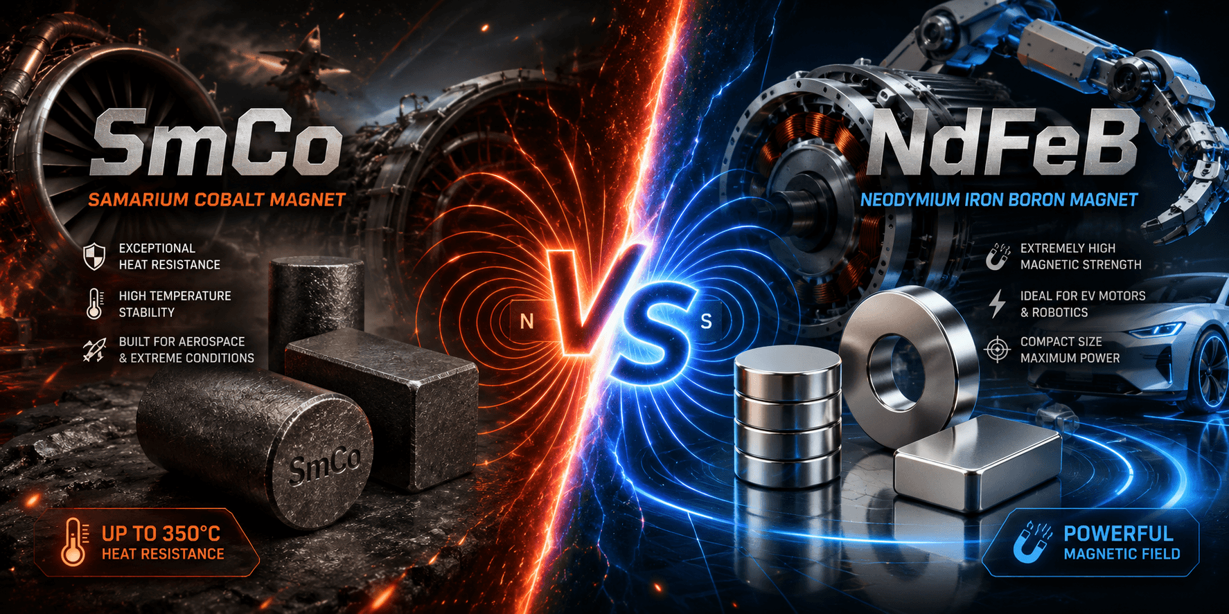 Compare SmCo vs Neodymium Magnets in magnetic strength, temperature resistance, corrosion resistance, and industrial applications. Learn which rare earth magnet fits your project needs.
