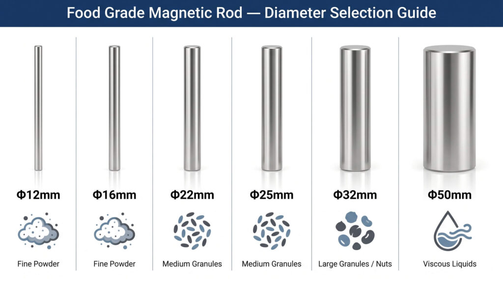 food grade magnetic rod diameter size selection guide Φ25mm Φ32mm