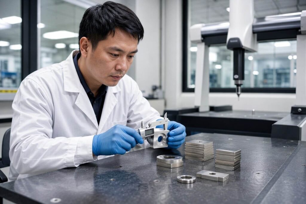 Engineer measuring custom neodymium magnet with caliper in ISO-certified metrology lab