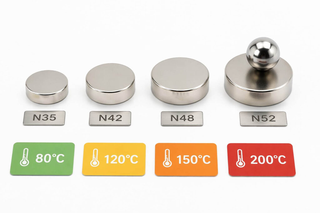 Neodymium magnet grade comparison — N35, N42, N48, N52 with pull force and temperature ratings
