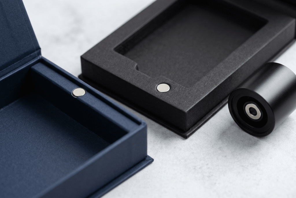 Custom button magnets embedded in luxury gift box and perfume packaging