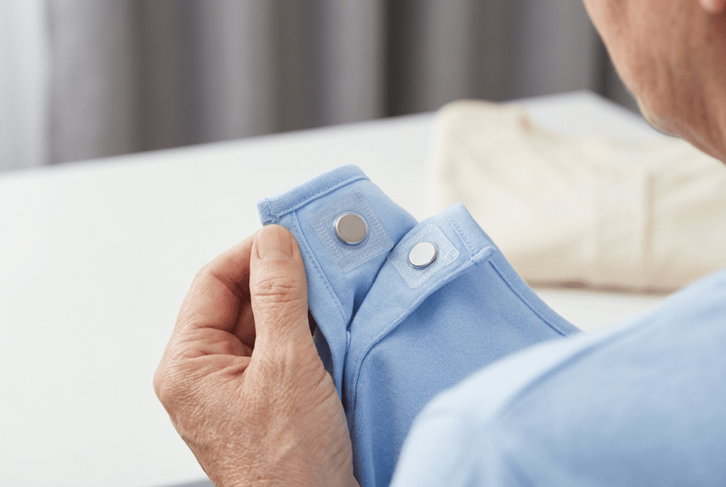 Magnetic buttons for adaptive clothing and rehabilitation assistive devices