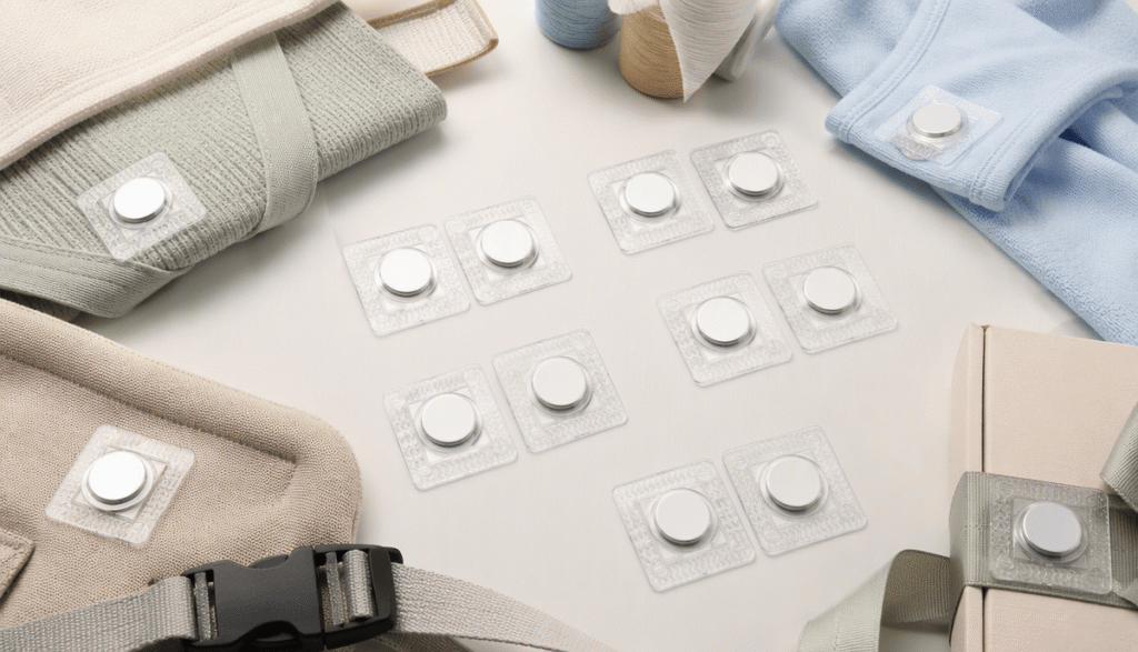 Custom button magnets used in medical, baby product, packaging, adaptive clothing, and pet supply applications