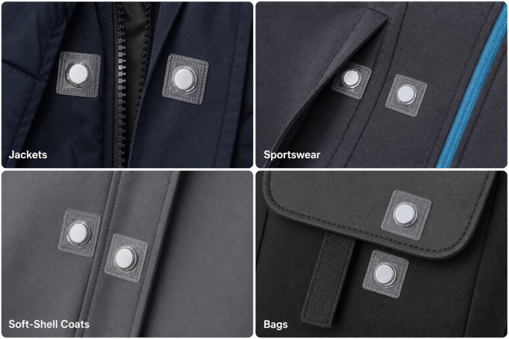 Magnetic buttons used in outdoor jackets sportswear and bags