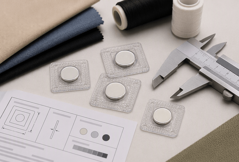 Specification confirmation for transparent sew-in magnetic buttons with caliper fabric samples and magnetic force fields